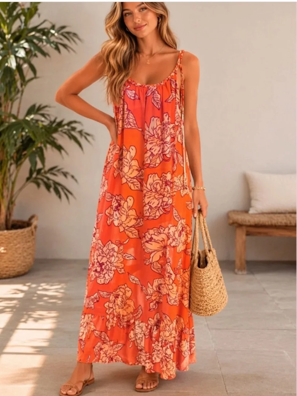 True Destinations Xs orange floral tropical maxi dress - Picture 2 of 6